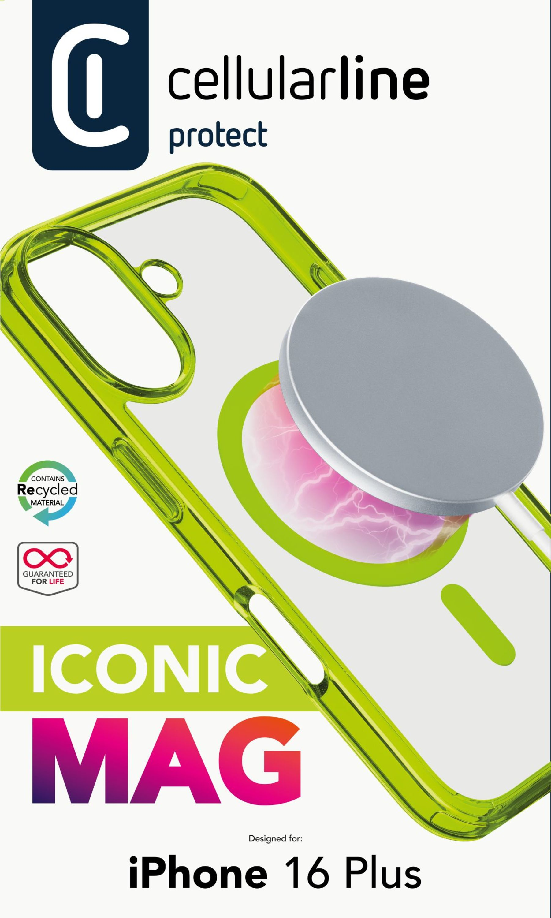 Coque Cellularline pour iPhone 16 Plus avec MagSafe. Elle est vert-jaune avec un cercle argenté.