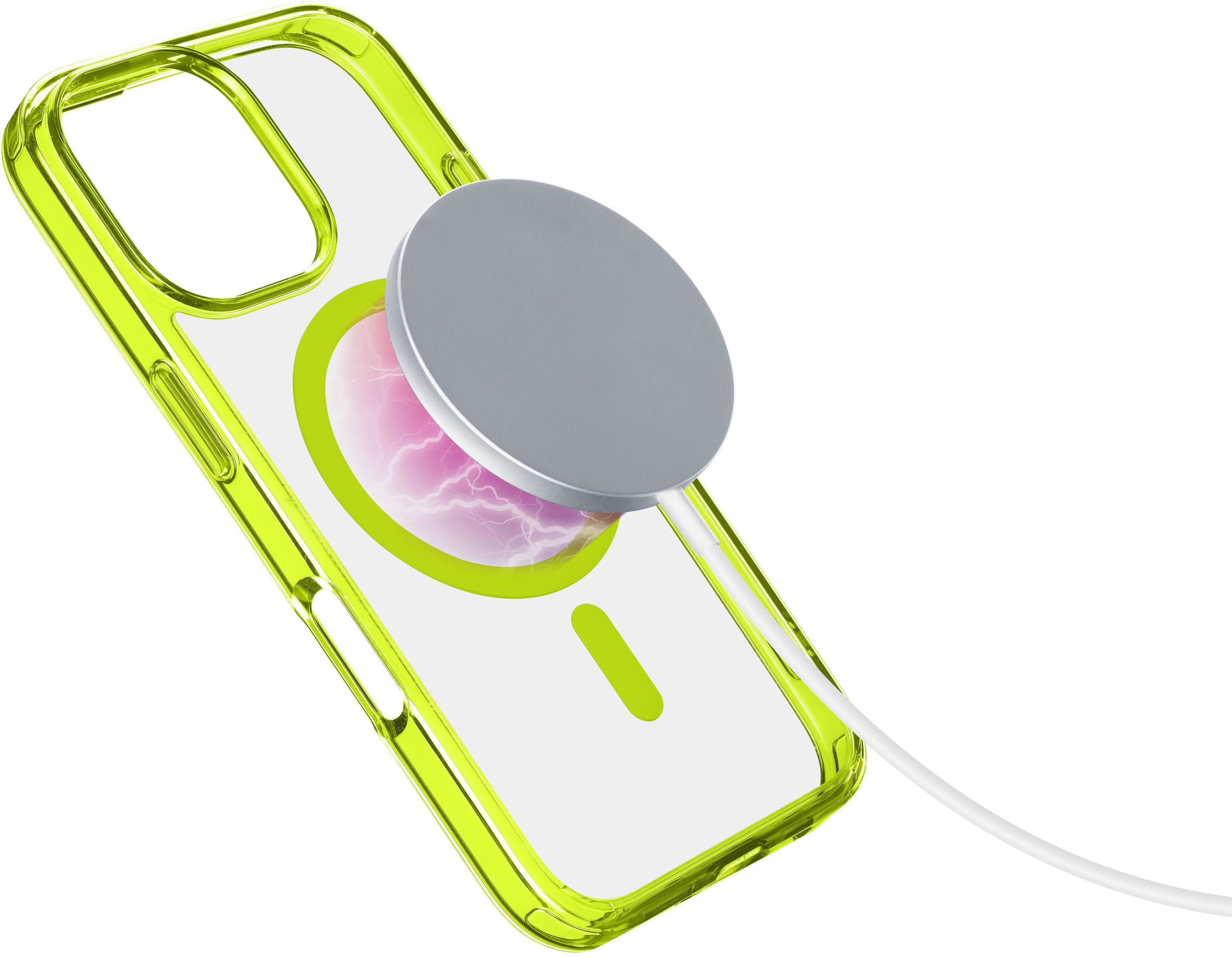 Téléphone dans un étui jaune-vert avec un chargeur magnétique argenté attaché.