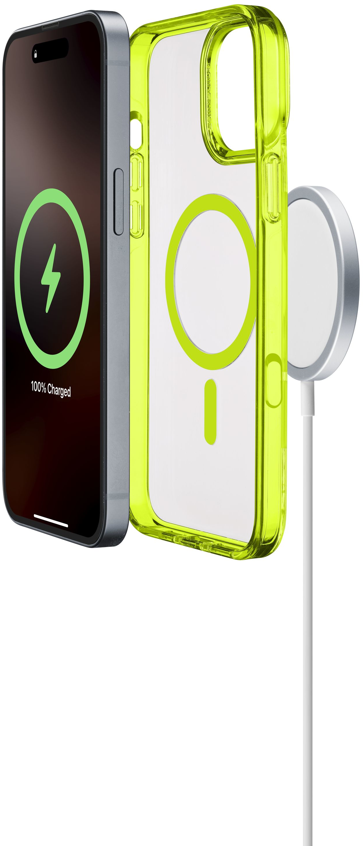 Téléphone en charge, coque et chargeur. Le téléphone affiche 100% chargé.