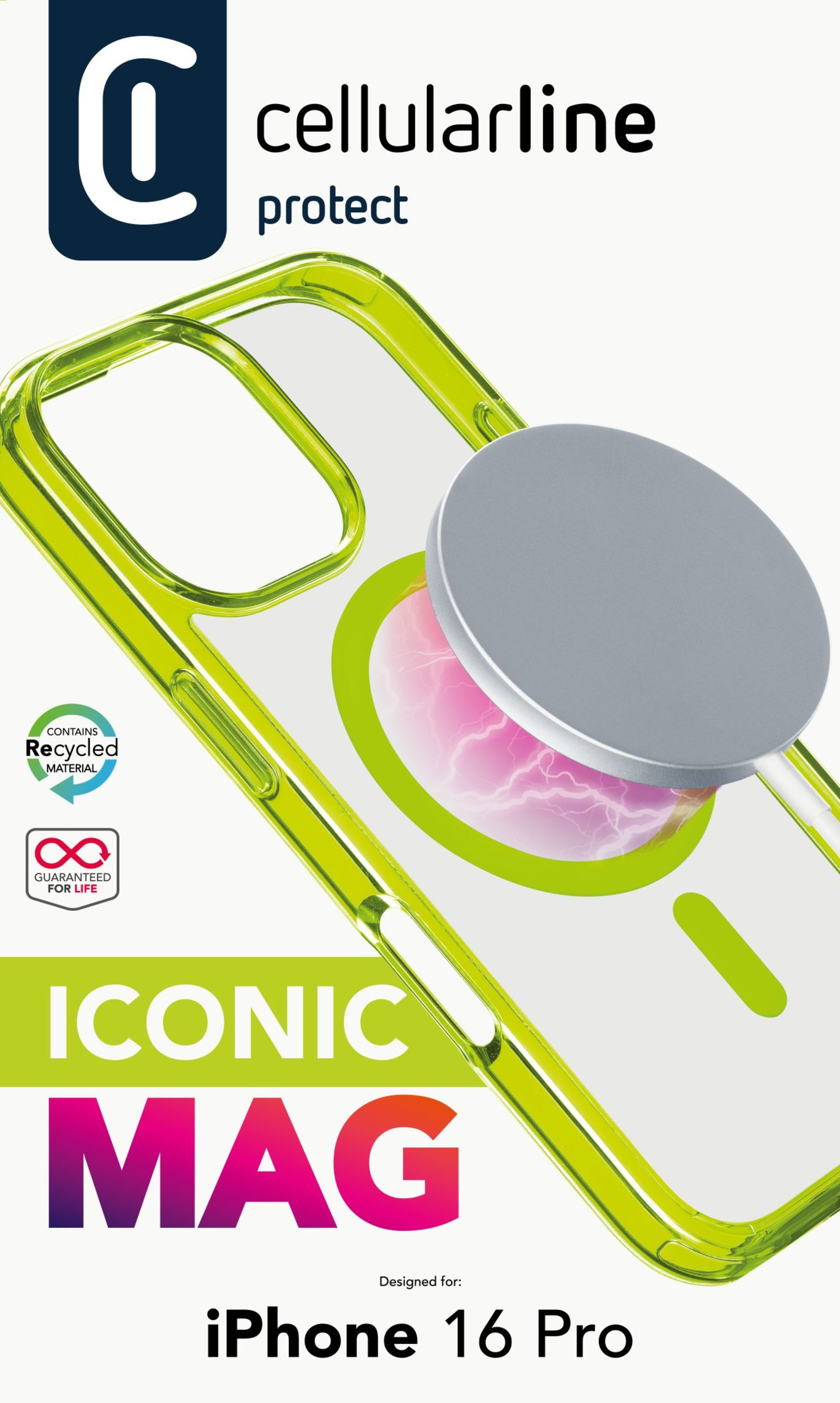 Une coque de téléphone avec un anneau magnétique, et le texte 