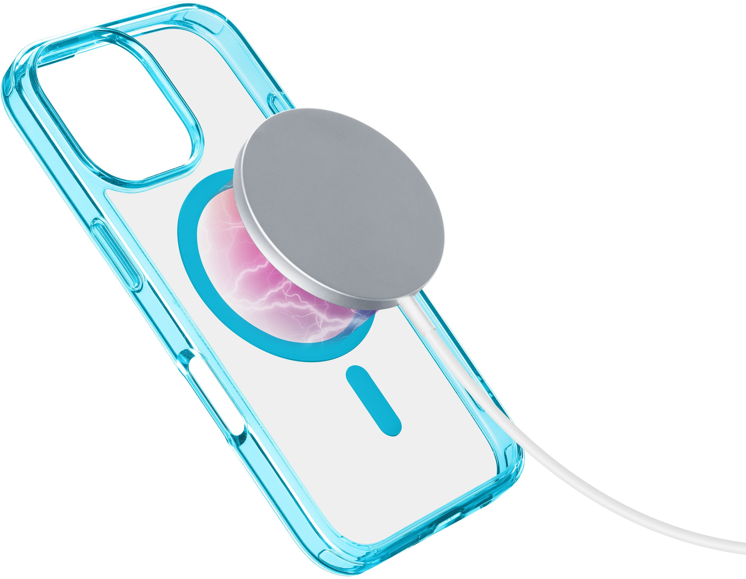 Coque de téléphone transparente avec chargeur argenté et câble blanc.