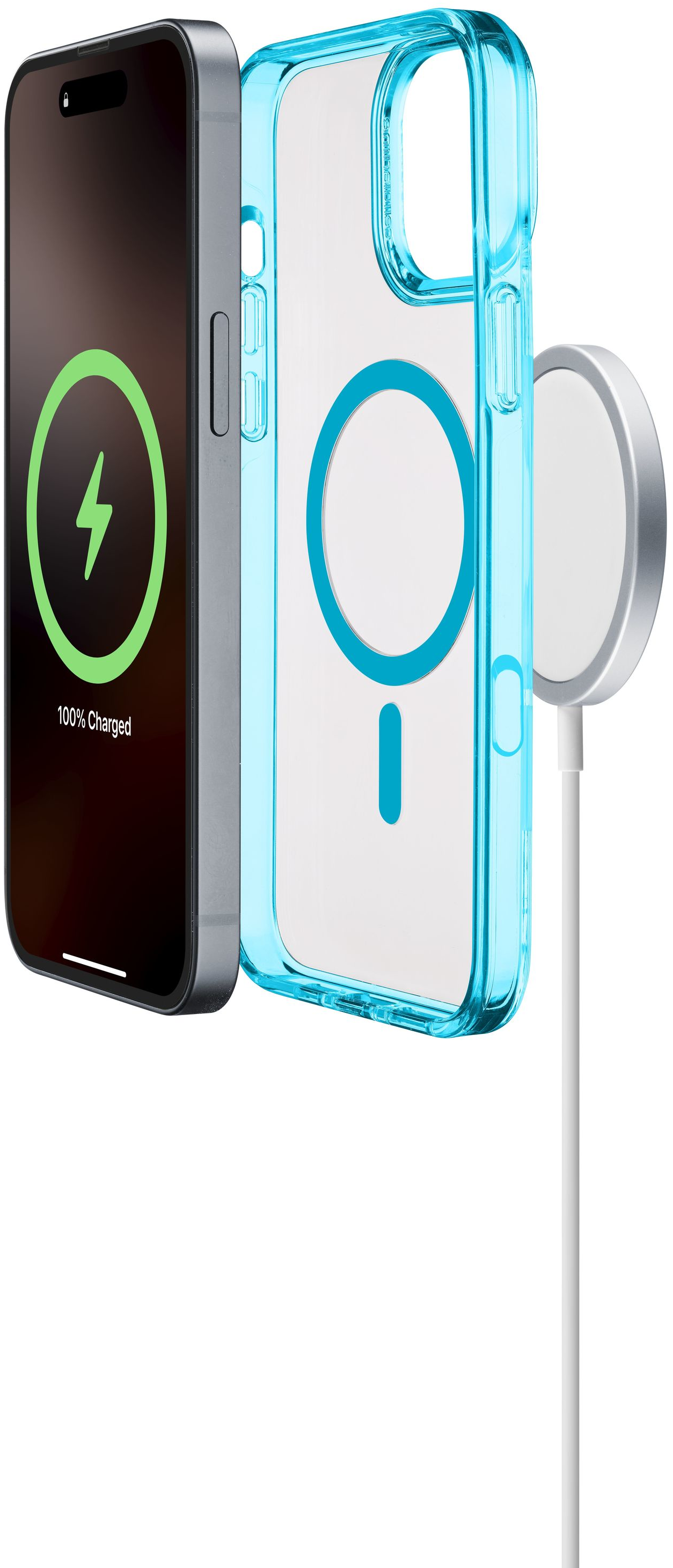 Téléphone avec étui. Le téléphone se charge. Fond blanc. Chargeur MagSafe.
