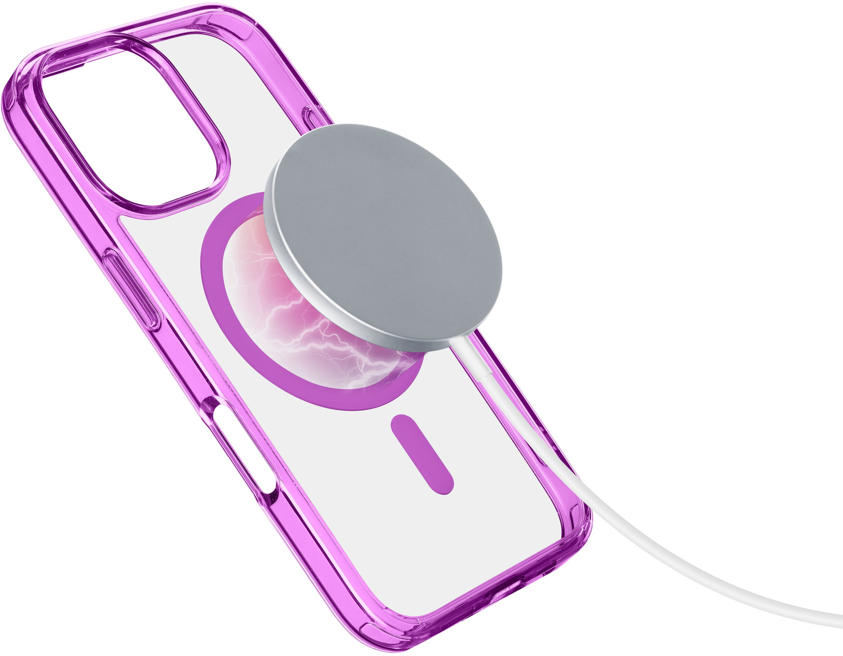 Coque de téléphone avec chargeur magnétique attaché. L'étui est transparent avec un anneau violet.