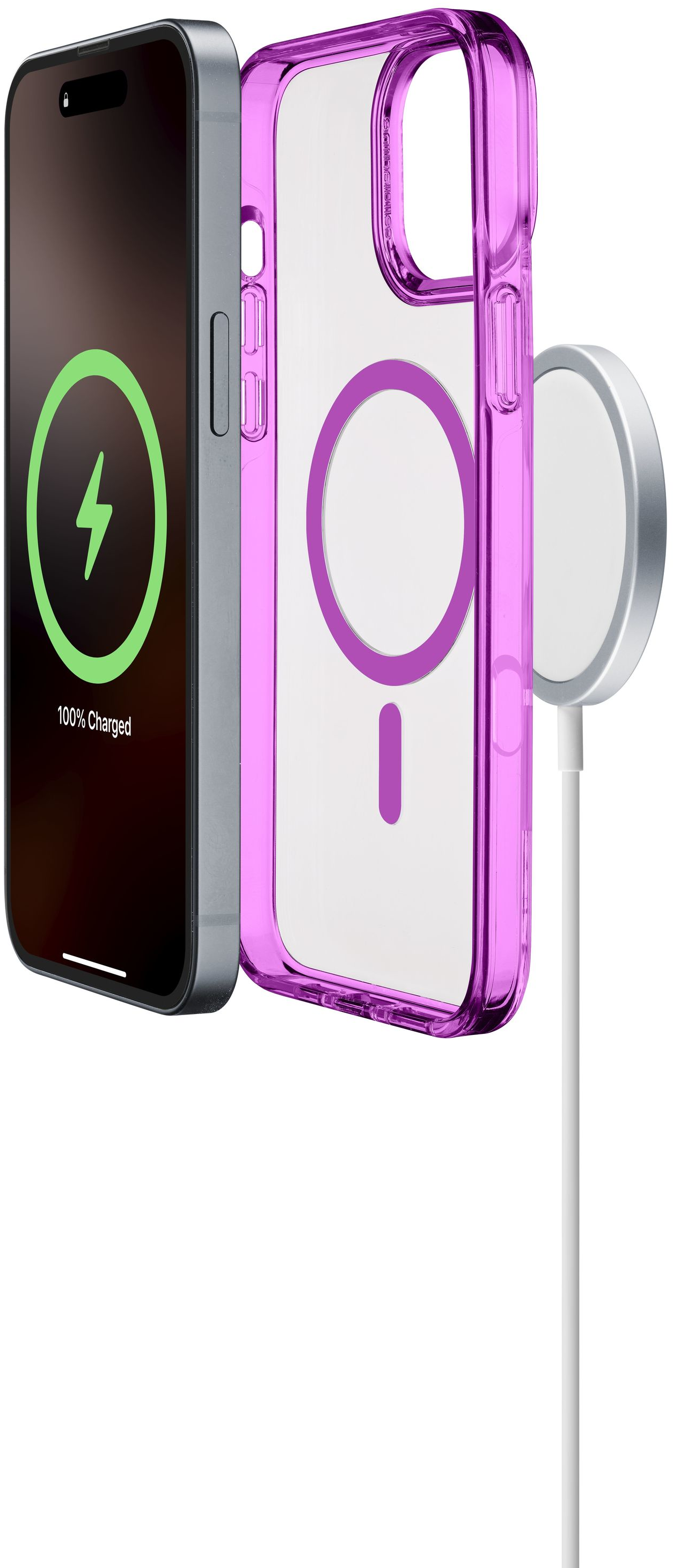 Téléphone à côté d'un étui violet transparent avec un chargeur connecté.