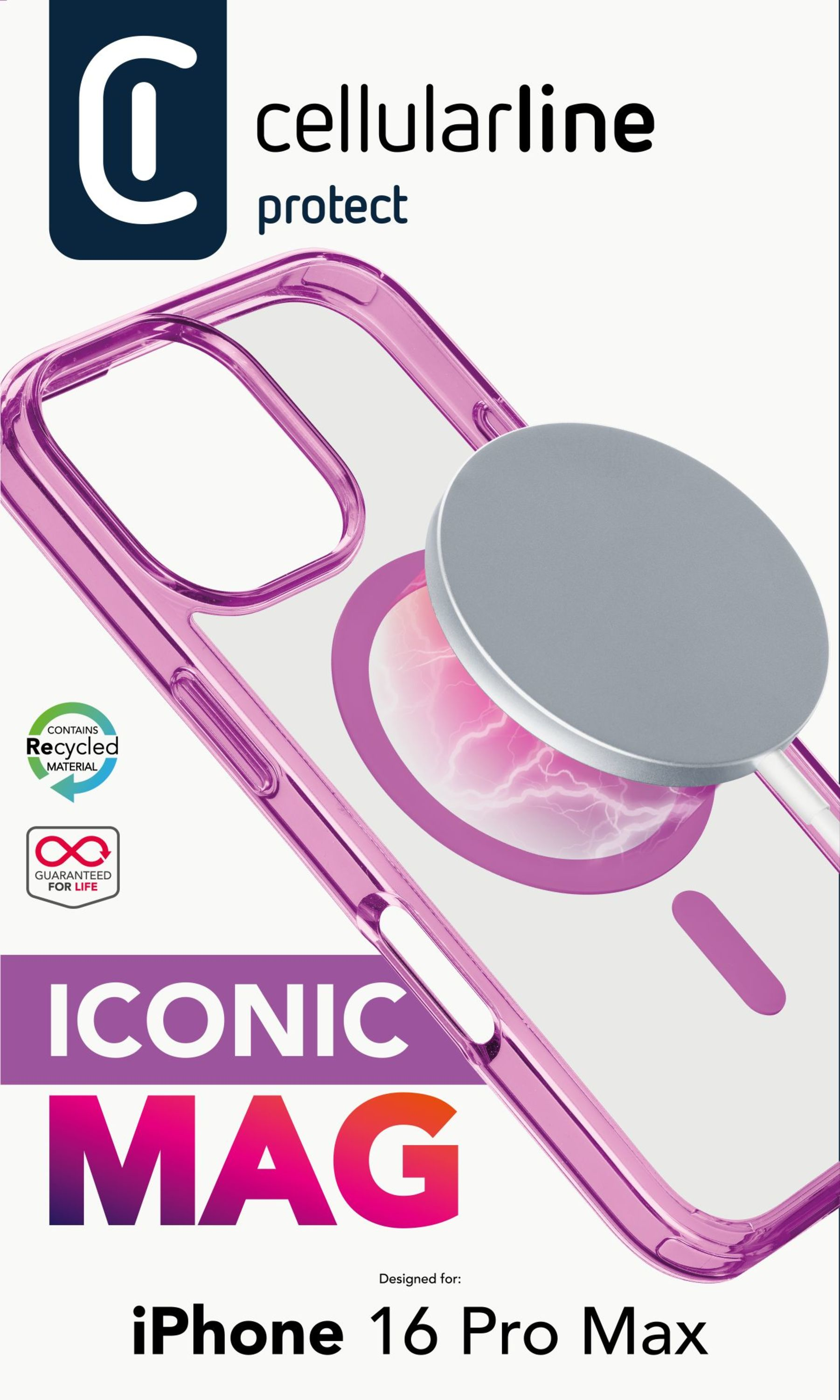 Coque rose avec anneau Magsafe argenté, contient du matériel recyclé, pour iPhone 16 Pro Max.