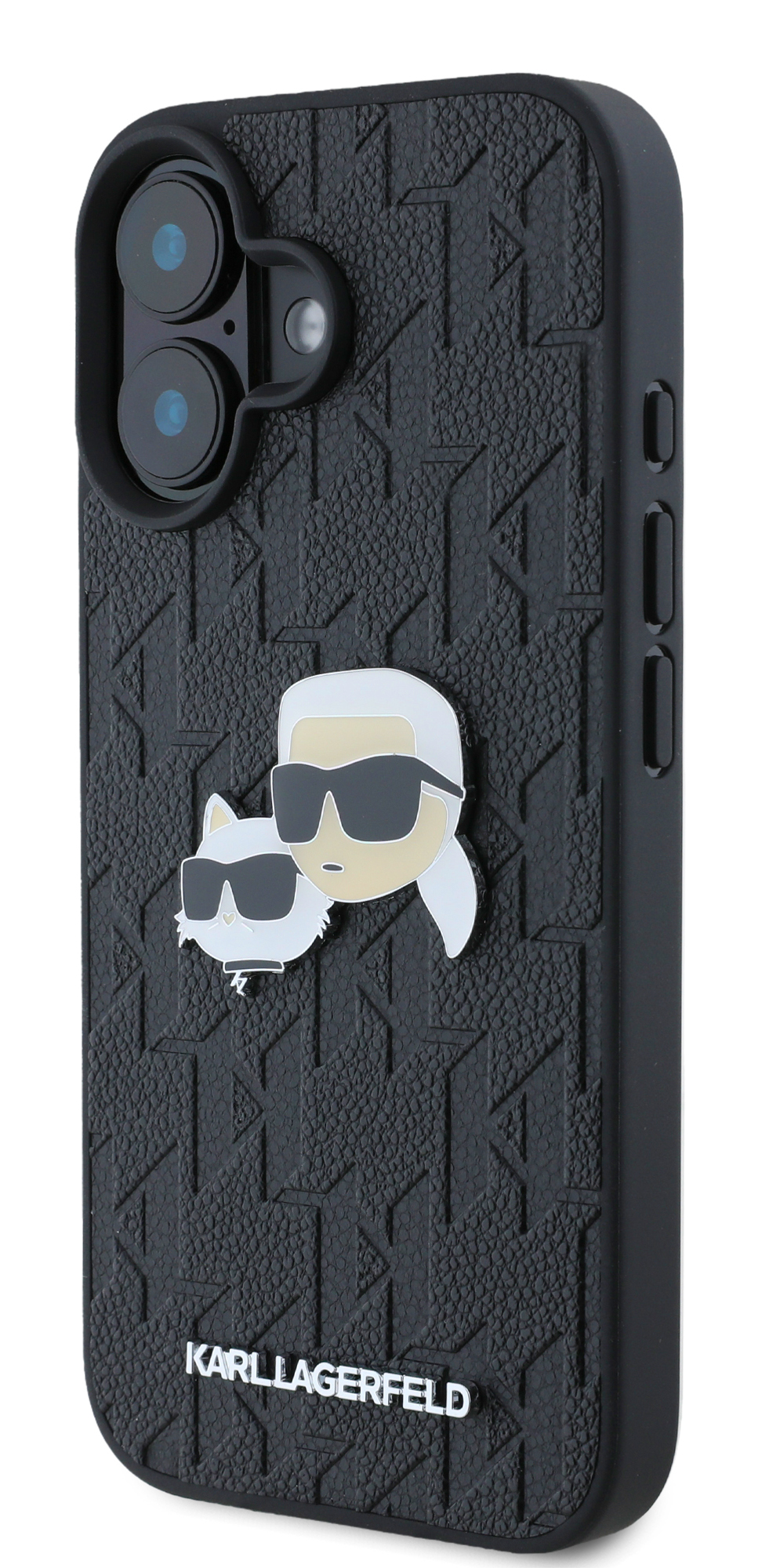 Czarne etui na telefon z motywem Karla Lagerfelda i figurką kota.