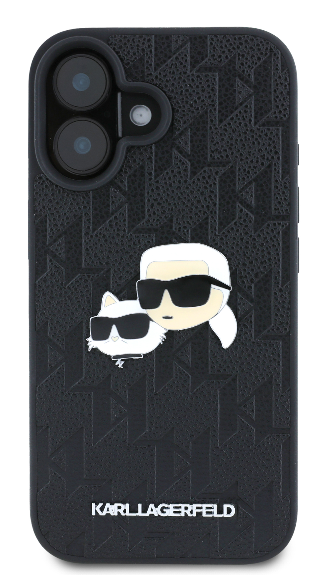 Czarne etui na telefon z Karlem Lagerfeldem i kotem na plecach.