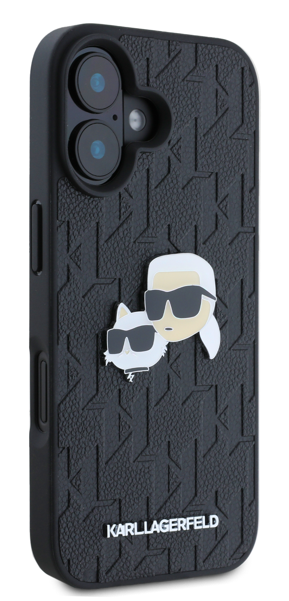 Czarne etui na telefon z wzorem Karla Lagerfelda.