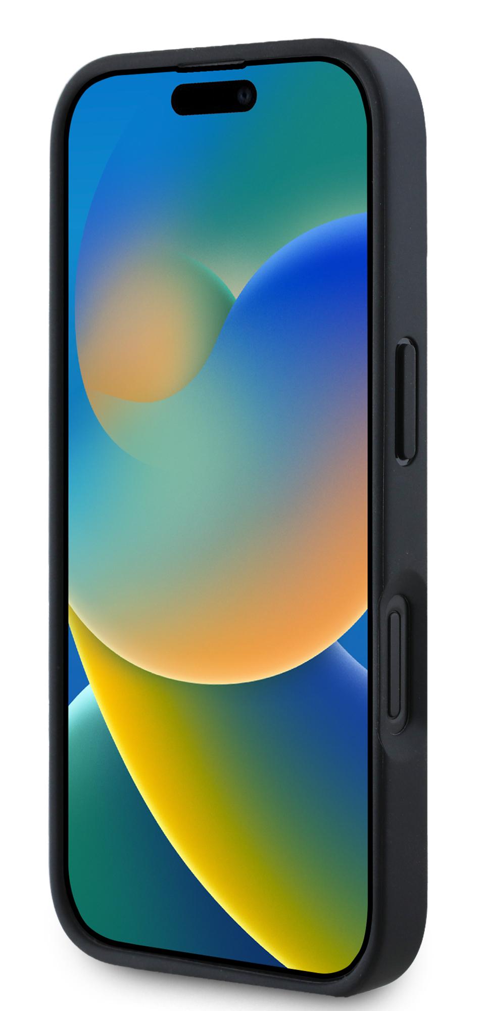 Czarny telefon w granatowej obudowie. Ekran wyświetla kolorowe, abstrakcyjne tło.