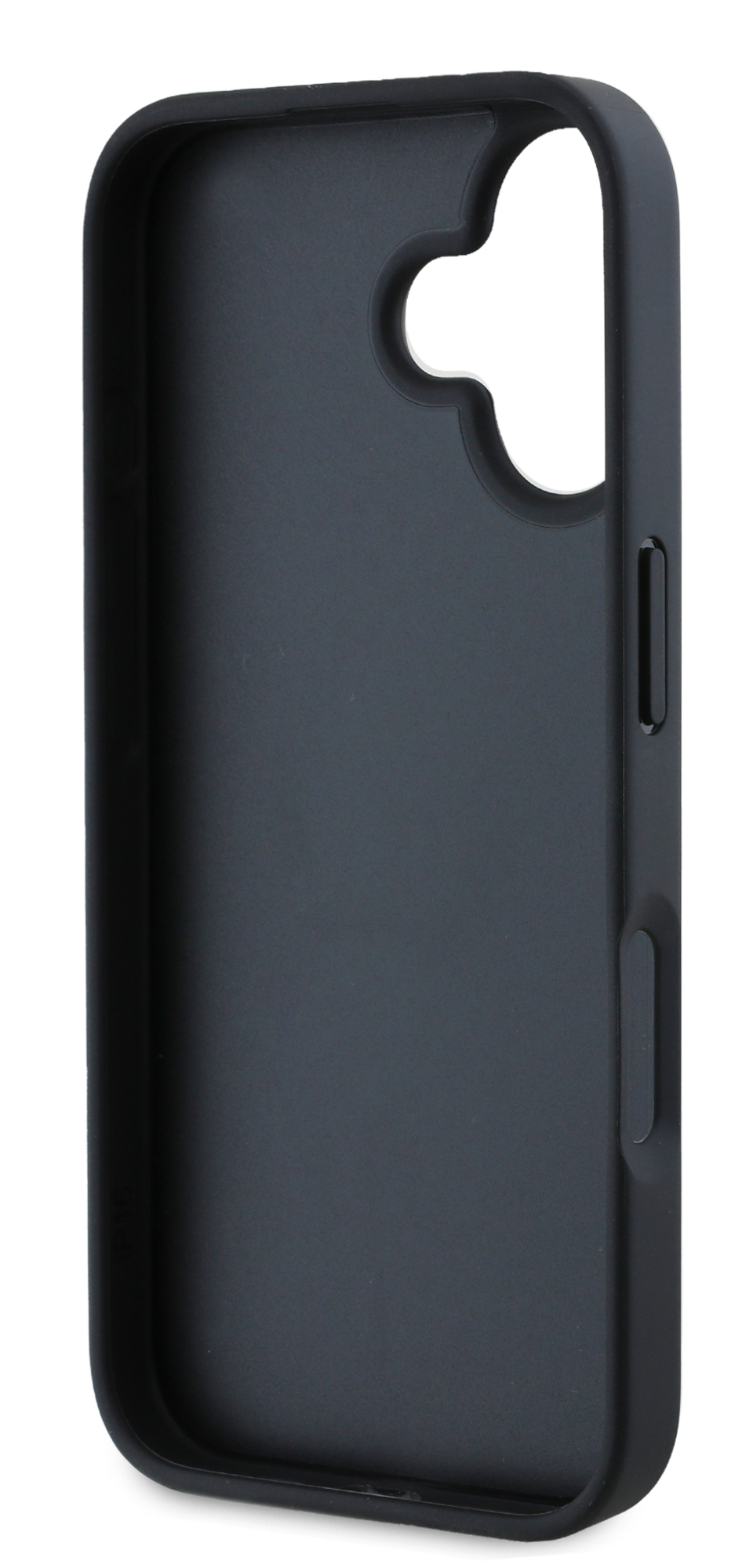 Wnętrze czarnego etui na telefon. Ma gładki, czarny, plastikowy materiał. To zbliżenie.