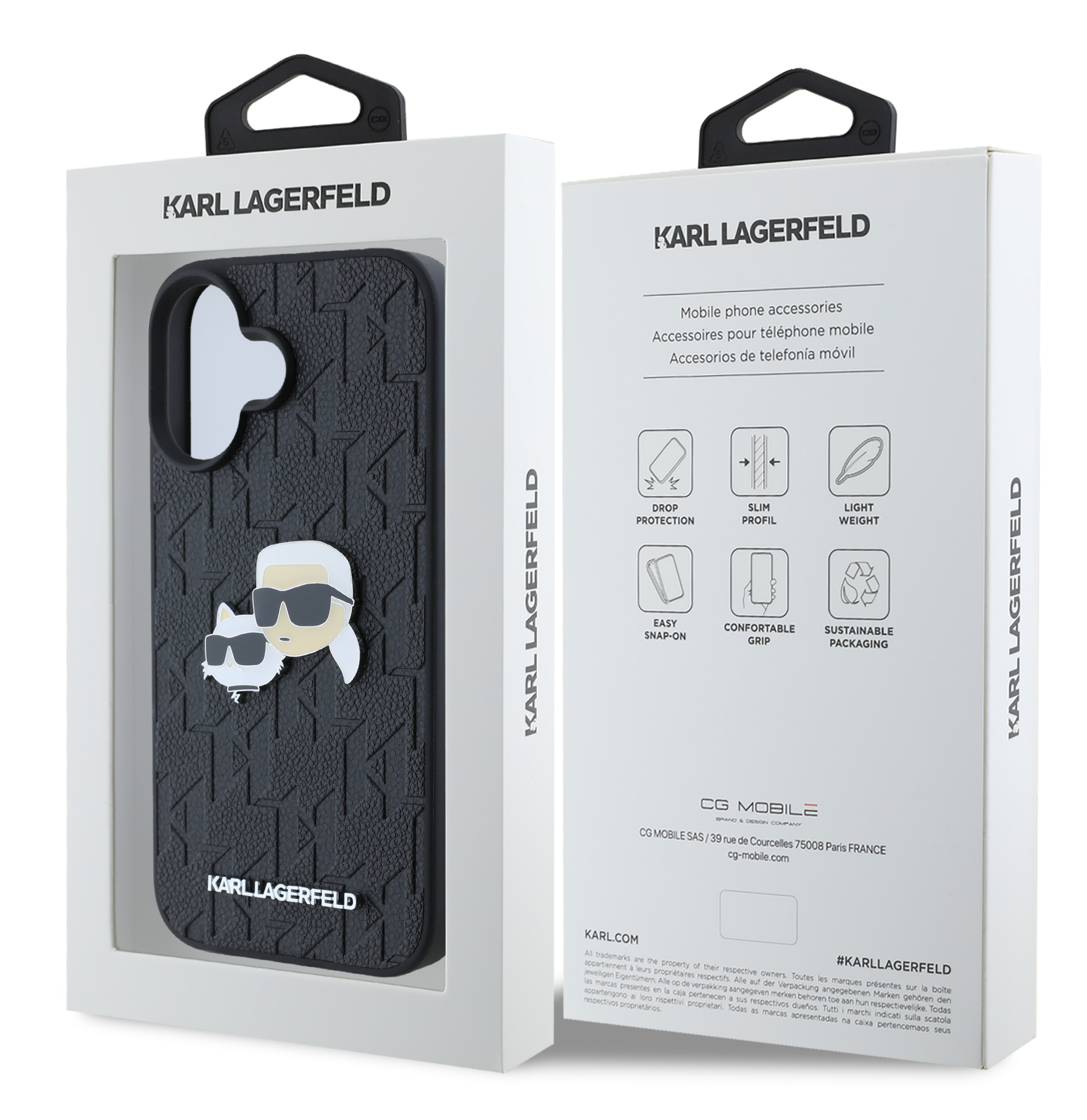 Czarne etui na telefon z logo Karl Lagerfeld i białym pudełkiem. Czarne etui z białą głową Karla.