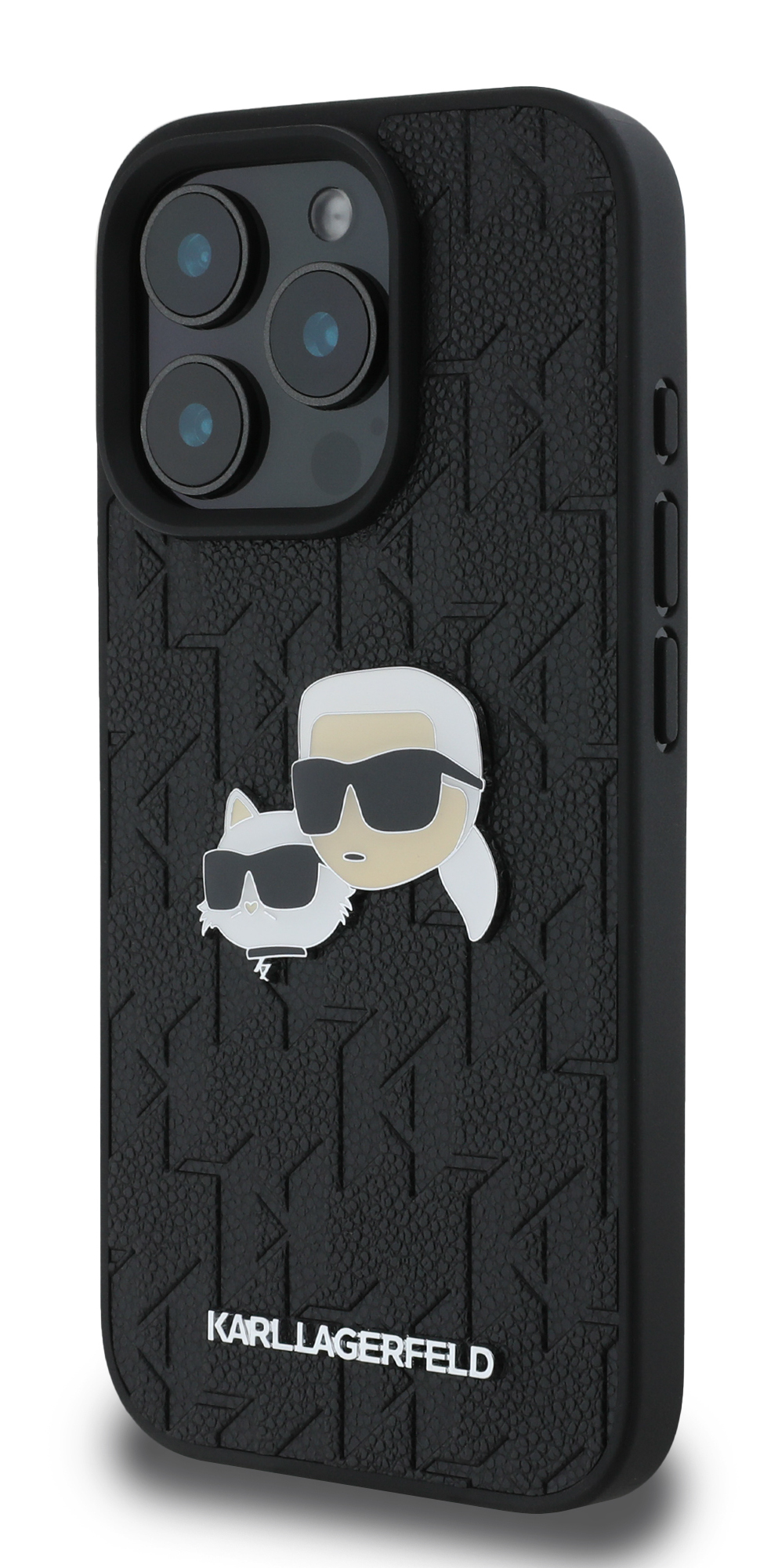 Czarne etui na telefon z motywem Karla Lagerfelda. Przedstawia Karla i kota.