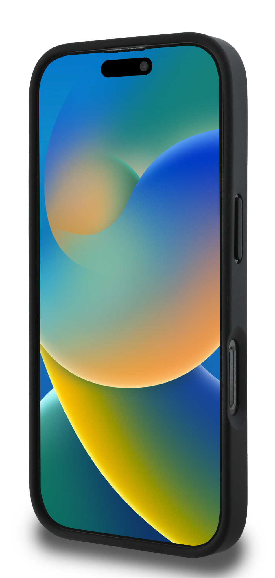 Czarne etui na telefon z niebiesko-żółtym tłem.