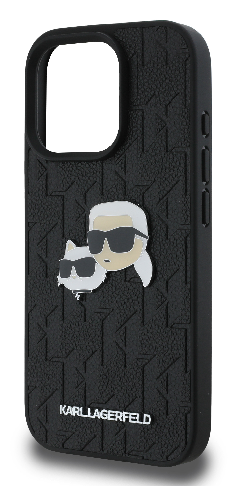 Czarne etui na telefon ze wzorem logo Karla Lagerfelda i postaciami z kreskówek.