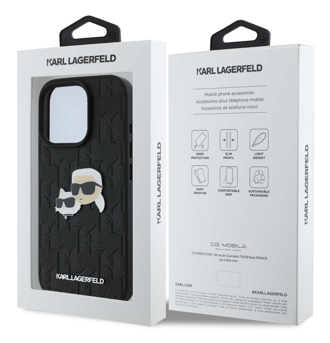Pudełko na etui na telefon z projektem Karla Lagerfelda i funkcjami takimi jak ochrona przed upadkiem.