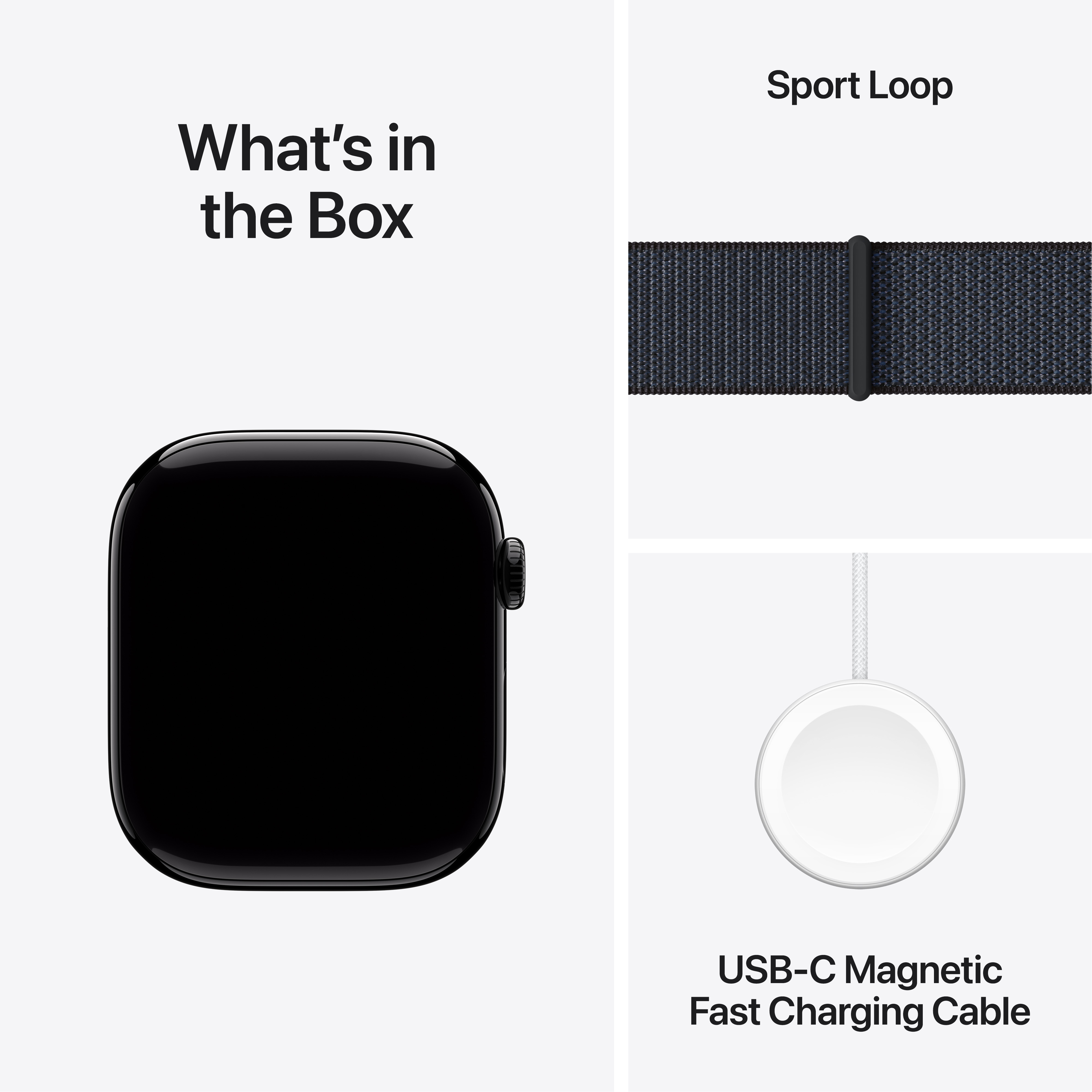 Apple Watch tartalma: óra, sport loop szíj, töltőkábel. Fekete óra, kék szíj, fehér töltő.