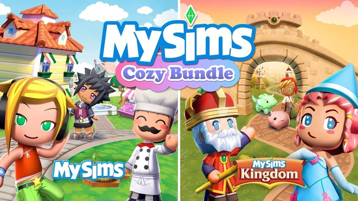 MySims Cozy Bundle game cover. Two game scenes, featuring cartoon characters in colorful environments.