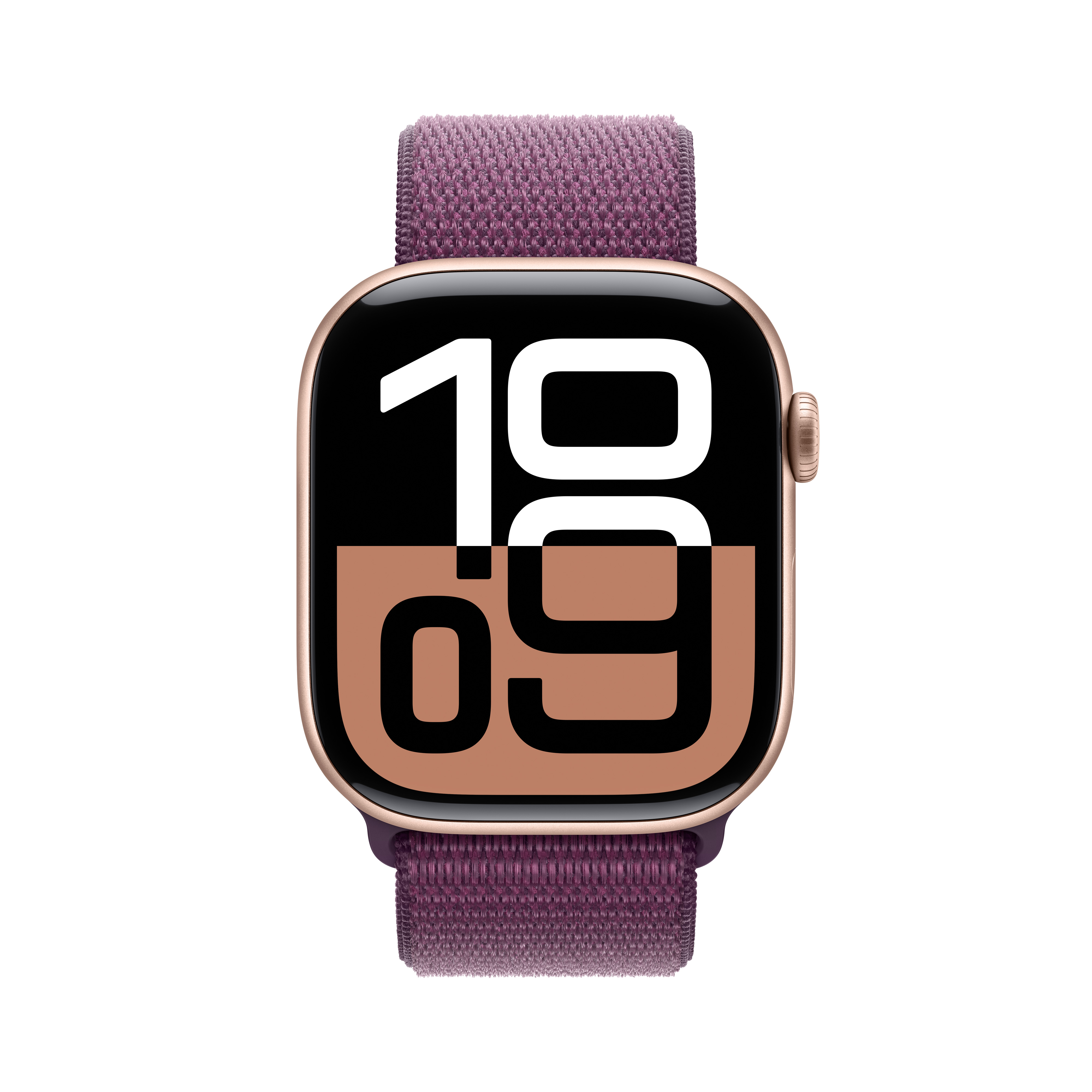 Egy Apple Watch lila szíjjal, ami az időt mutatja.