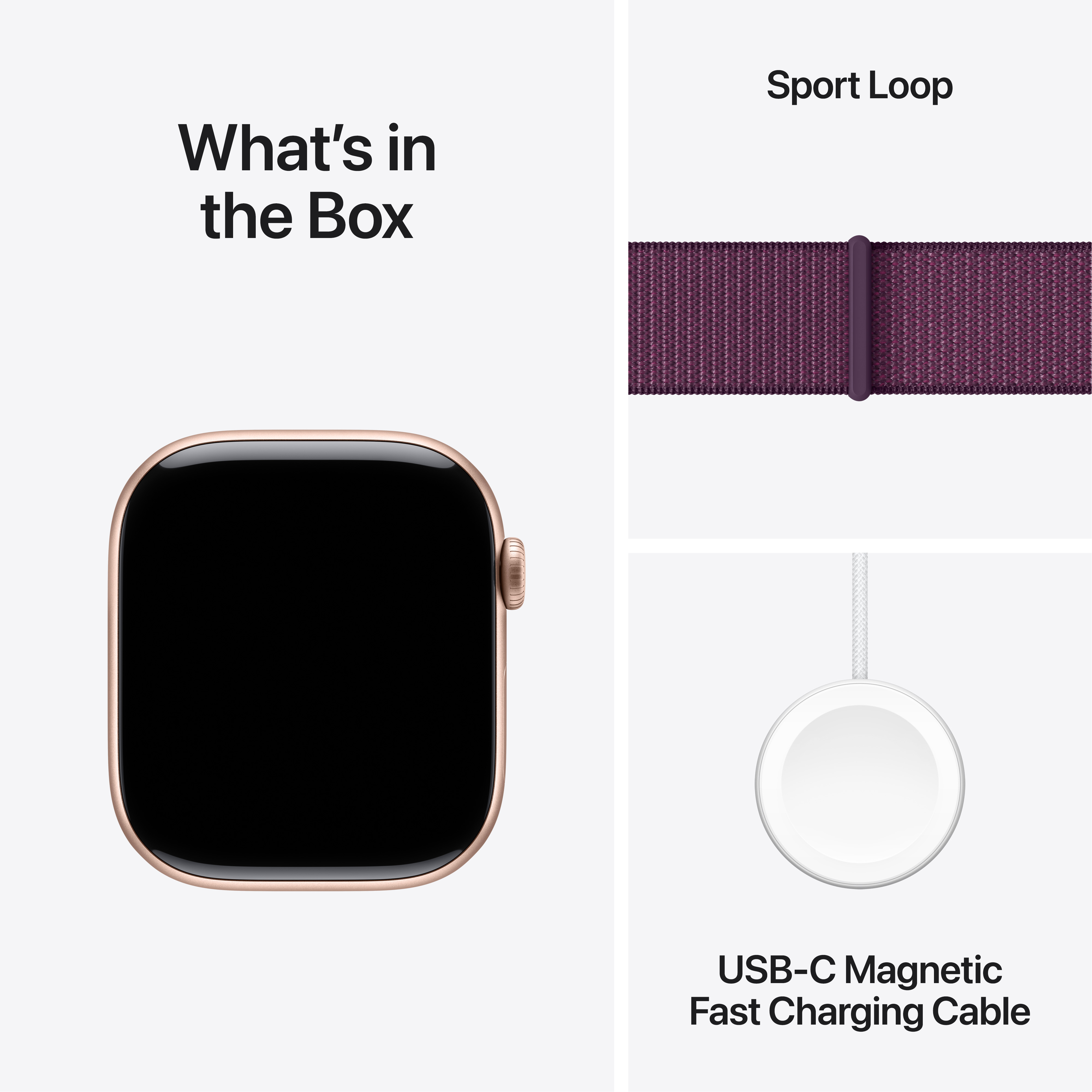 Egy rózsaarany Apple Watch, egy lila Sport Loop szíj és egy USB-C töltőkábel.