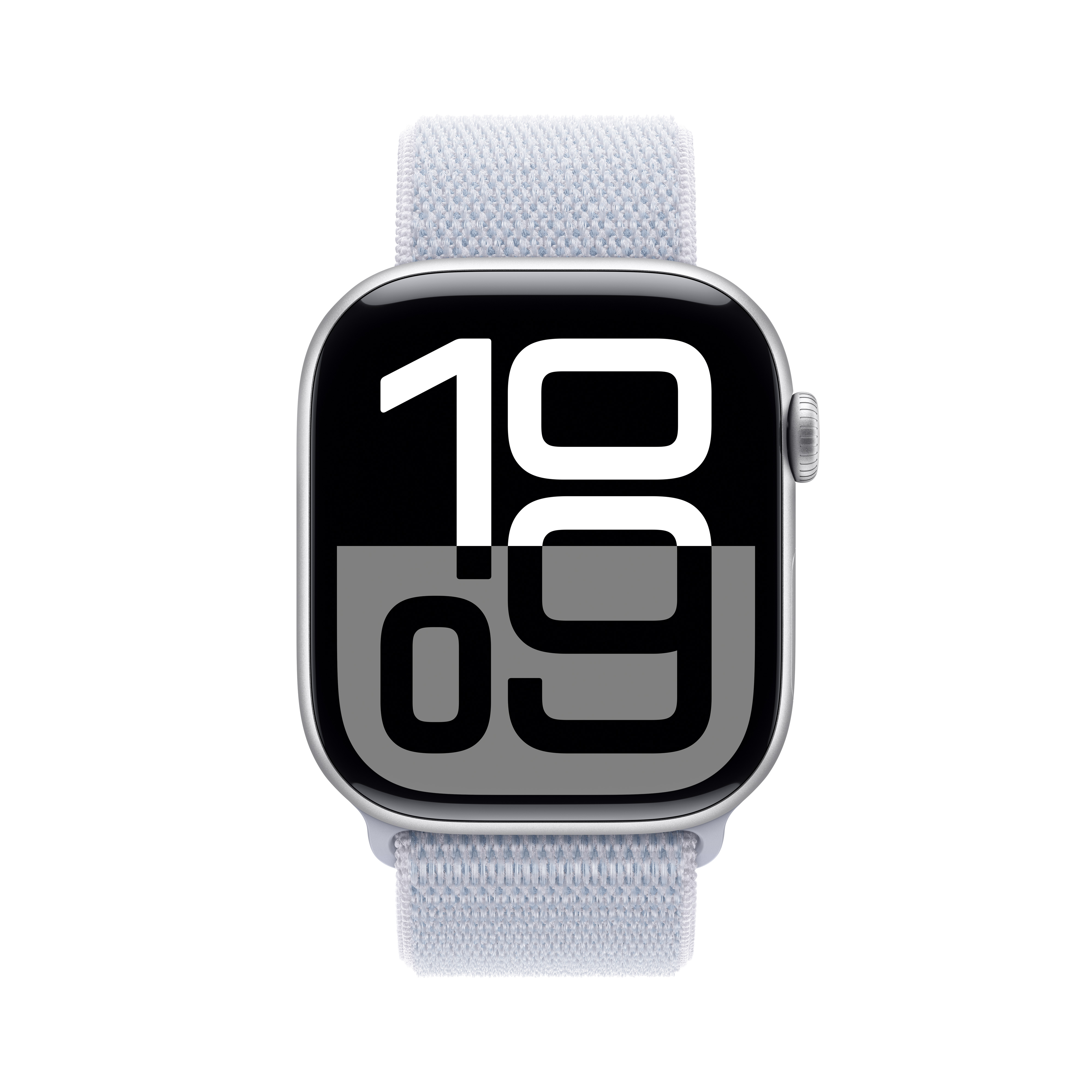 Apple Watch világoskék szíjjal és a kijelzőn az idővel.