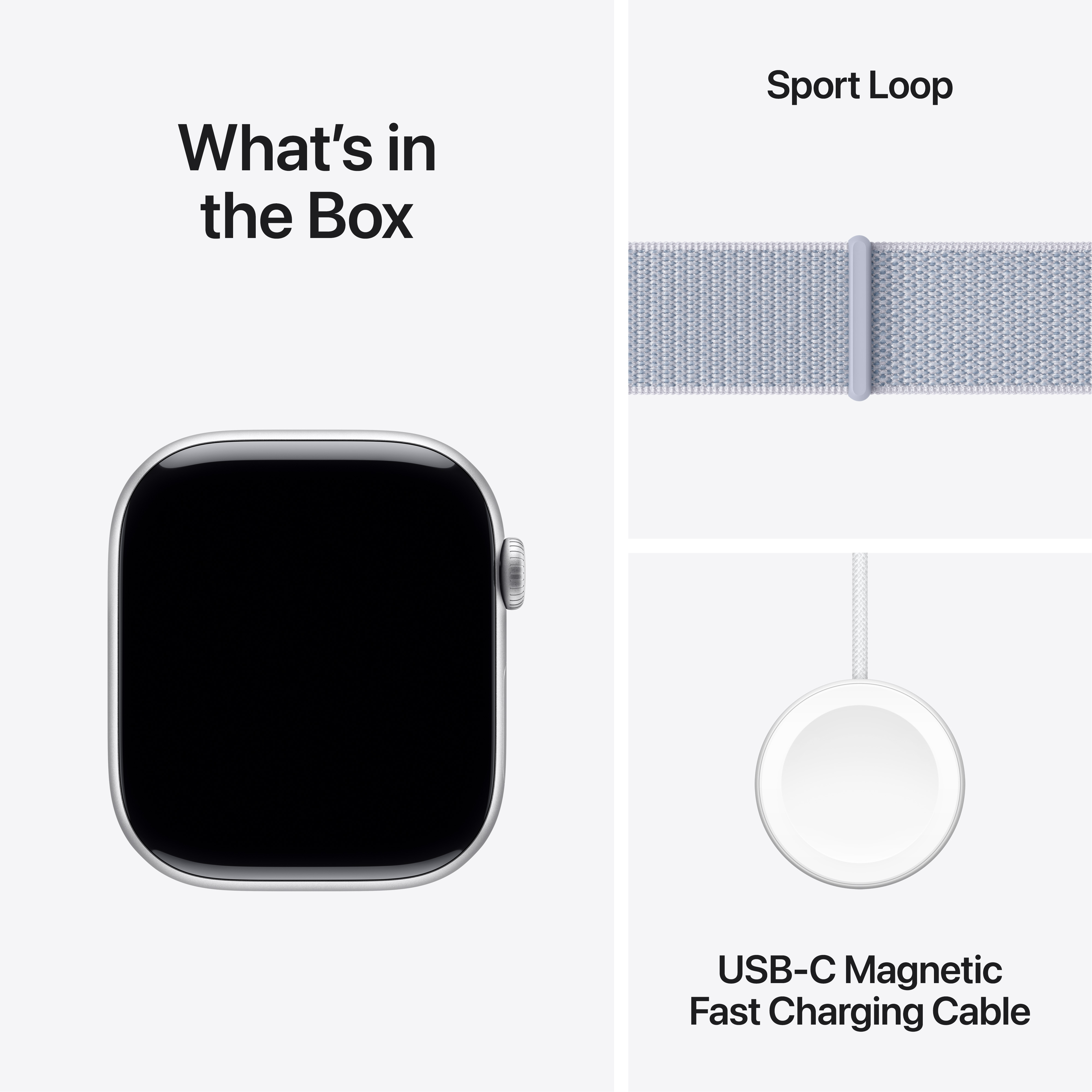 Egy Apple Watch, egy Sport Loop szíj és egy töltőkábel látható.