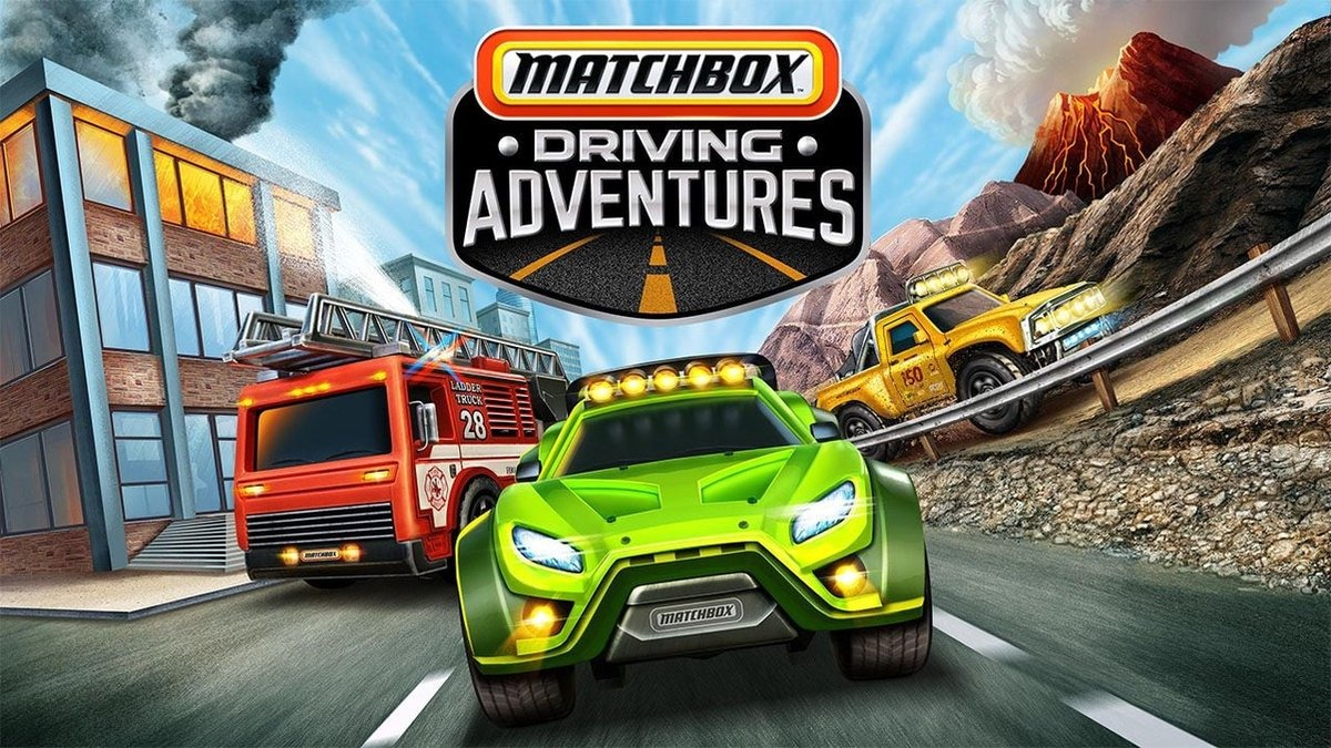 Matchbox-autogame. Kleurrijke auto's racen op een baan. Vulkaan en stad op de achtergrond.