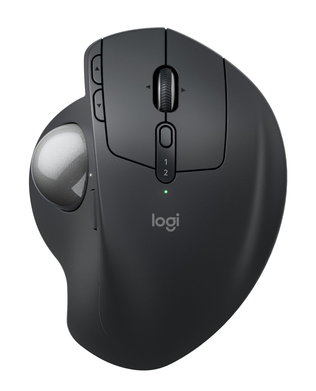 Czarna mysz Logitech z kulką po boku. Ma przyciski i rolkę przewijania na górze.