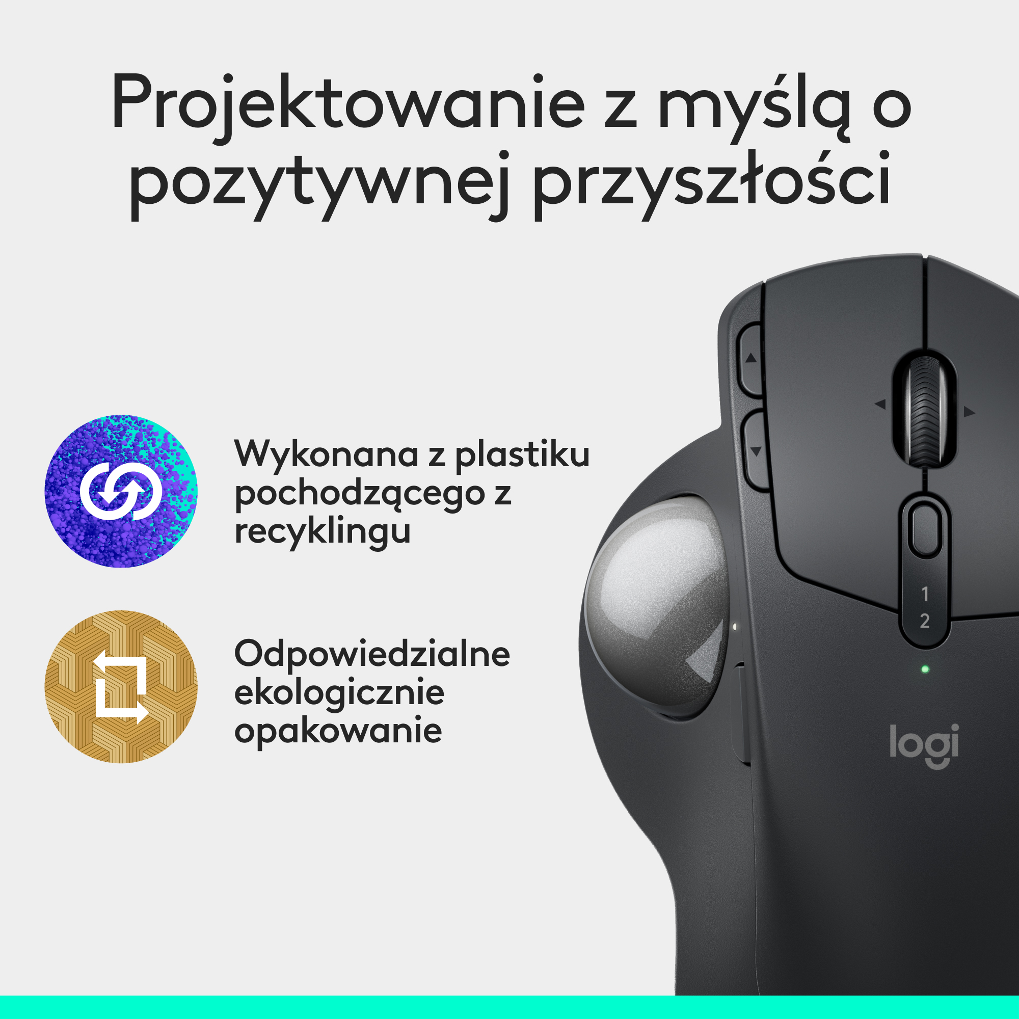 Czarna mysz Logitech z trackballem i wieloma przyciskami. Ma logo i tekst z boku.