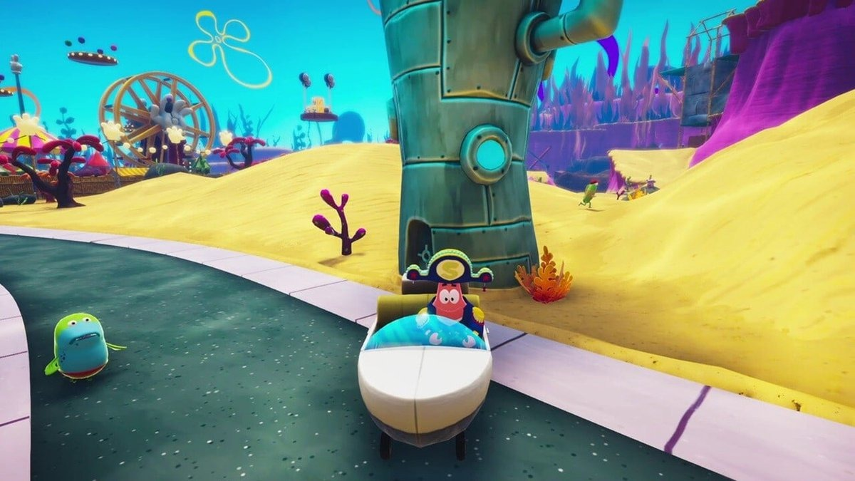Spongebob in a boat on a race track with a friend.