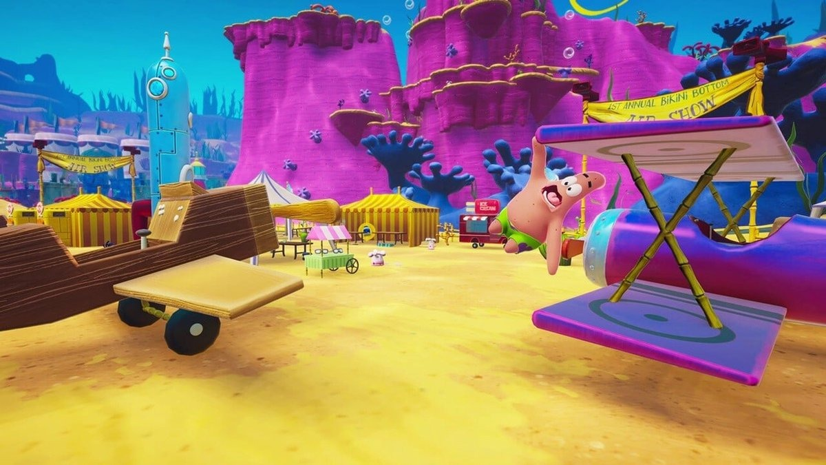 Patrick Star flying over an airplane set in a game world.