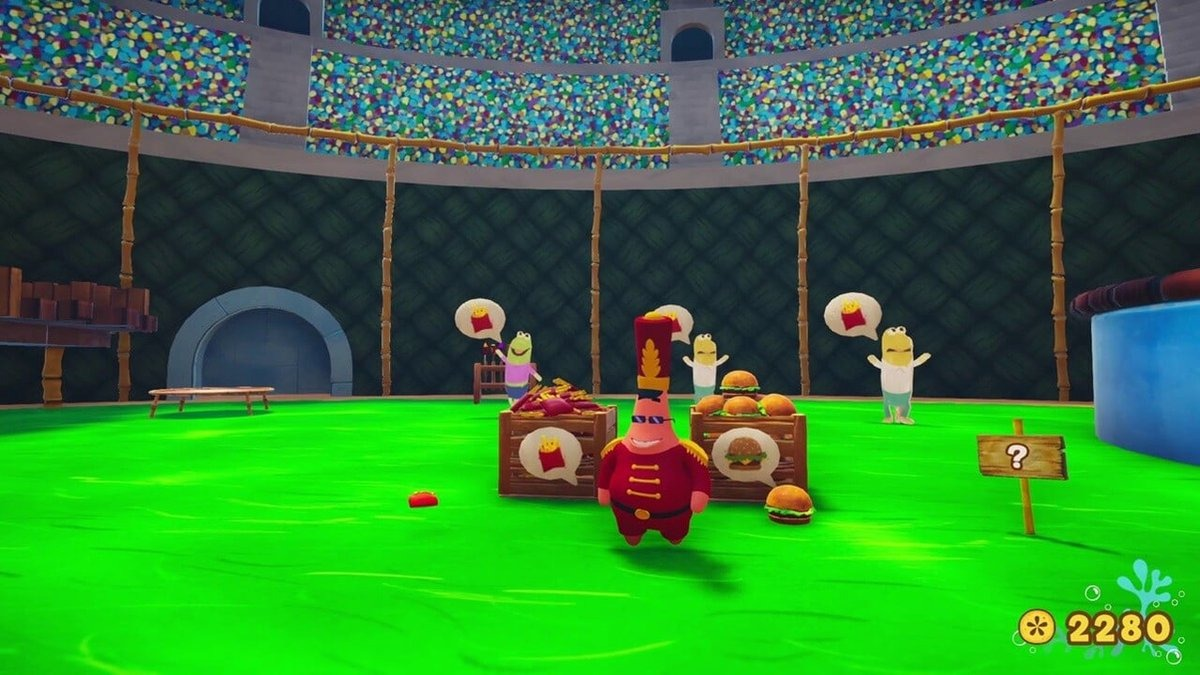 SpongeBob characters in a stadium with food carts and a question mark sign.
