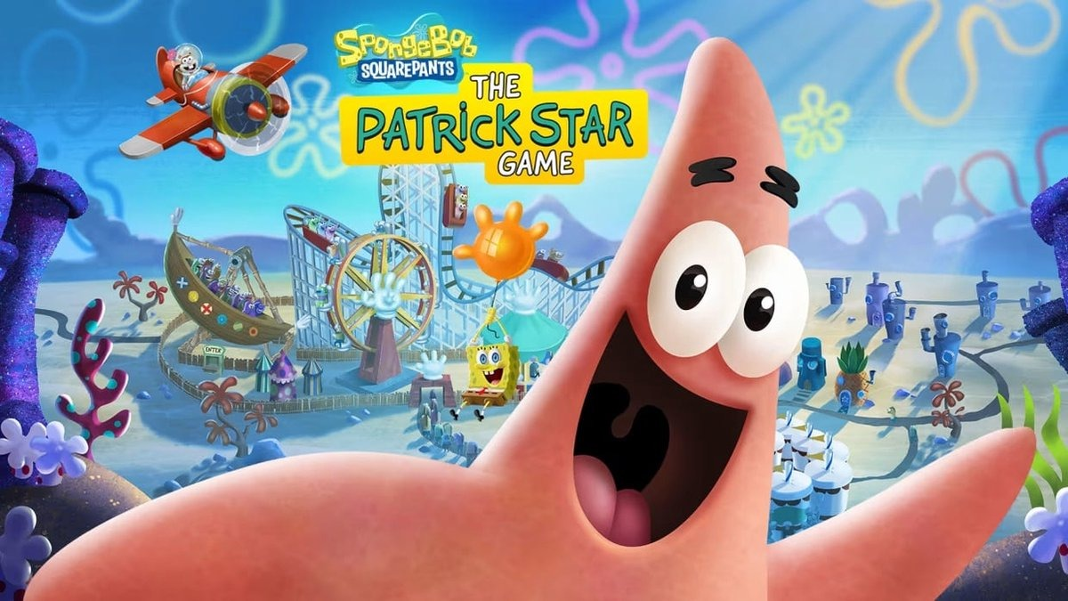 Patrick Star from SpongeBob SquarePants smiles in front of a theme park.