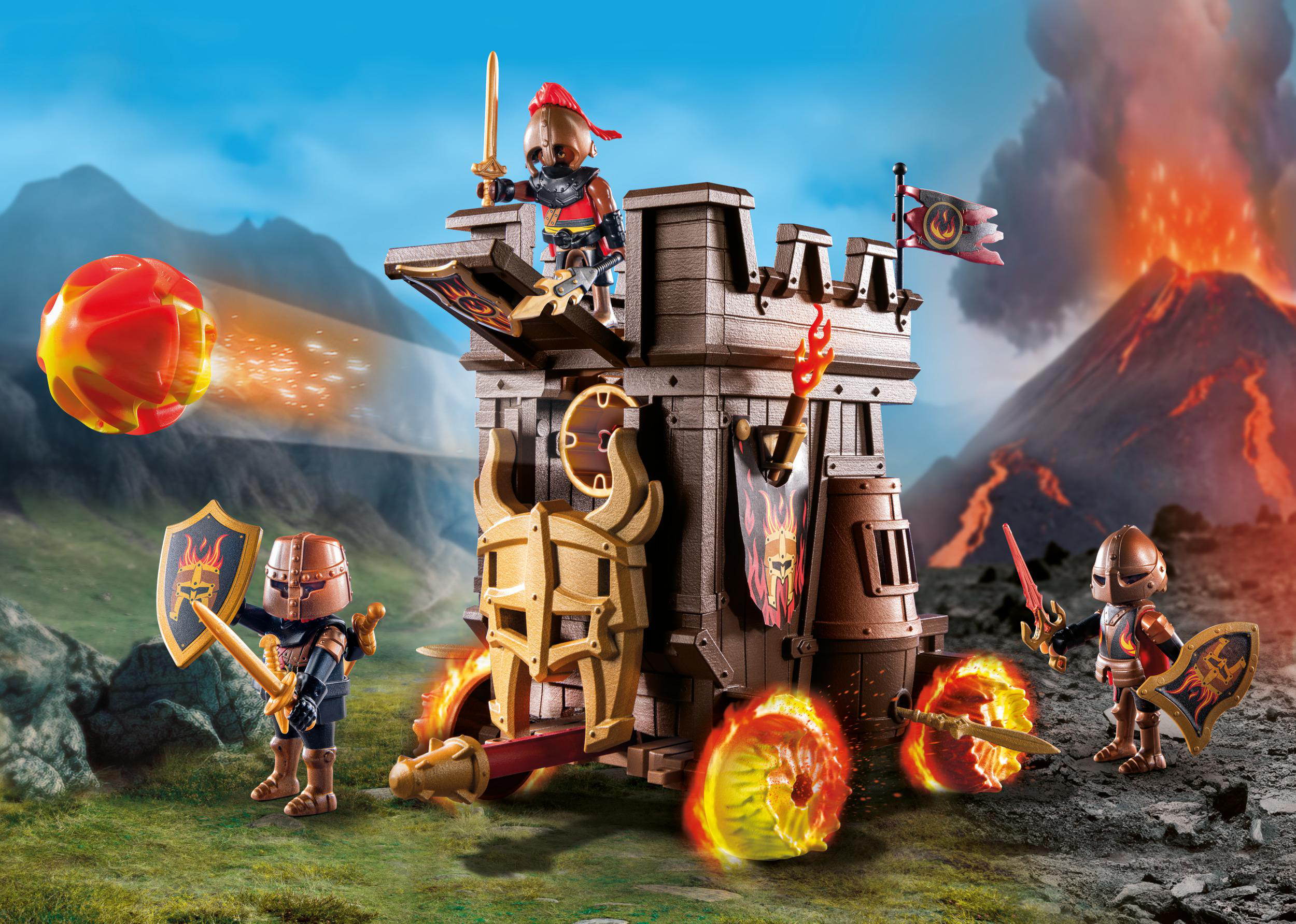 Playmobil-Spielzeugset. Ritter mit Waffen in einer Burgkulisse mit Vulkan-Hintergrund.