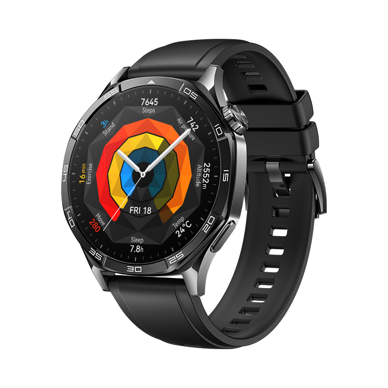 Un smartwatch con correa negra y esfera redonda que muestra datos. El reloj está sobre un fondo negro.