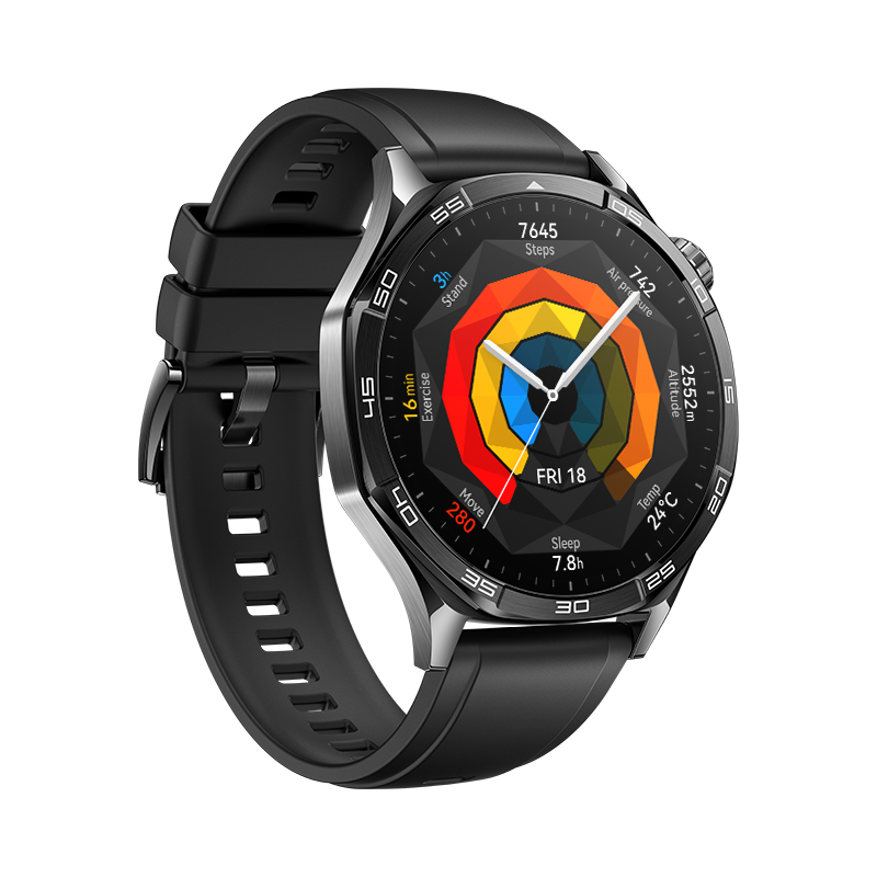 Un reloj inteligente negro con esfera redonda que muestra la hora, la fecha y métricas de fitness.