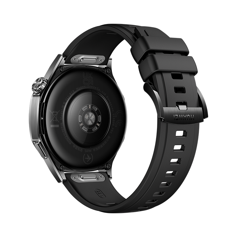 Parte trasera de un smartwatch con correa negra, mostrando sensores y el logo de Huawei.