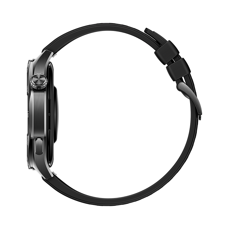 Vista lateral de un smartwatch con correa negra y caja gris oscura.