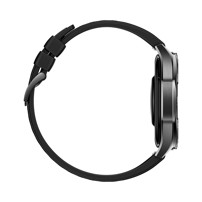Smartwatch negra en vista de perfil. Tiene una correa negra. La pantalla es negra. Fondo negro.