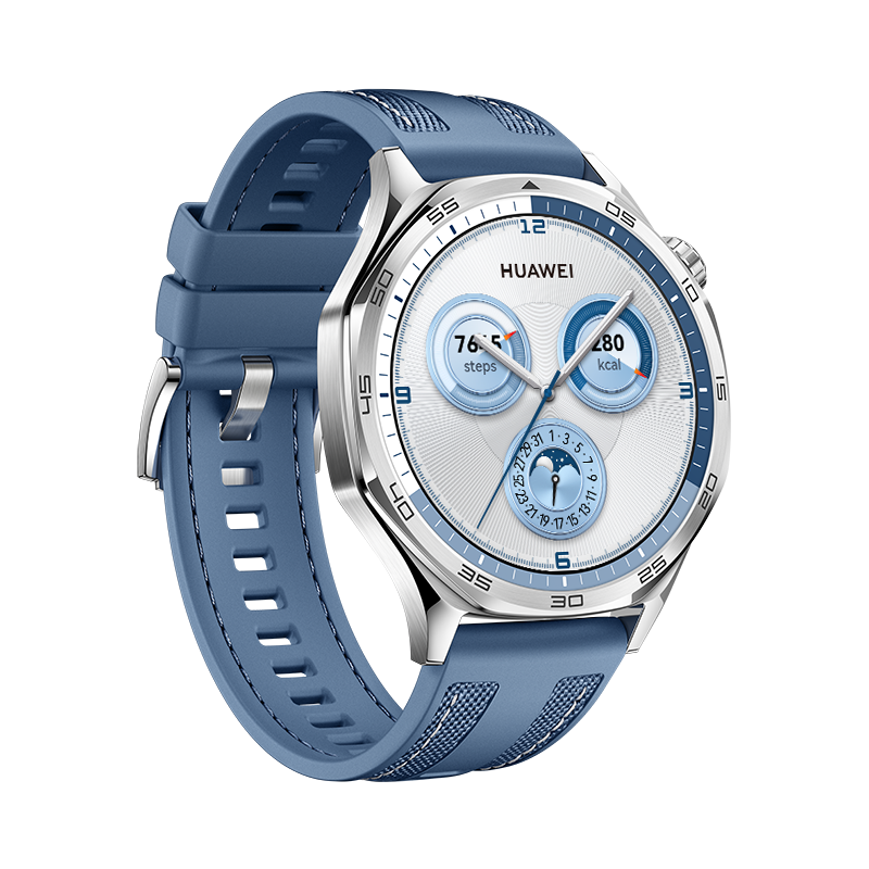 Un reloj inteligente azul con una correa azul. Detalles plateados y esfera blanca.
