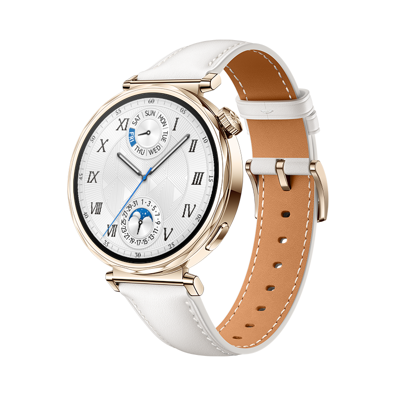 Smartwatch dorada con correa de cuero blanco. Muestra la hora, con fondo negro.