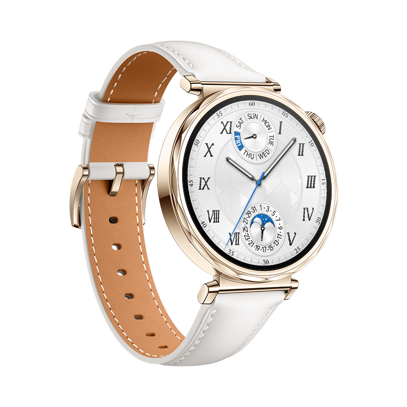 Smartwatch dorada con correa de cuero blanco. Muestra la hora, con fondo negro.