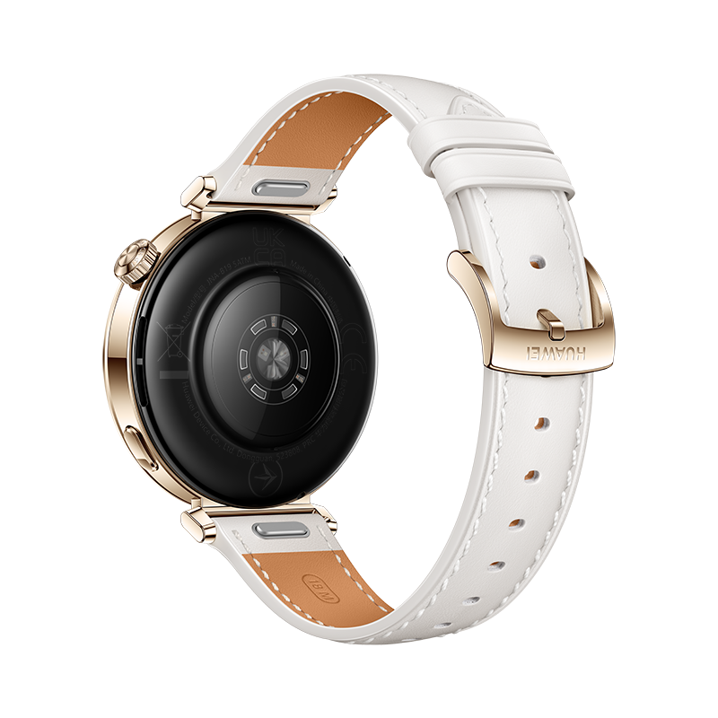 Parte trasera del smartwatch, correa de cuero blanco. Fondo negro.