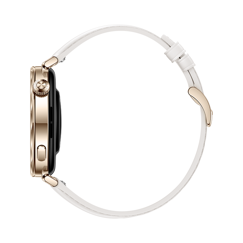 Un reloj inteligente dorado con una correa blanca, visto desde su ángulo lateral.
