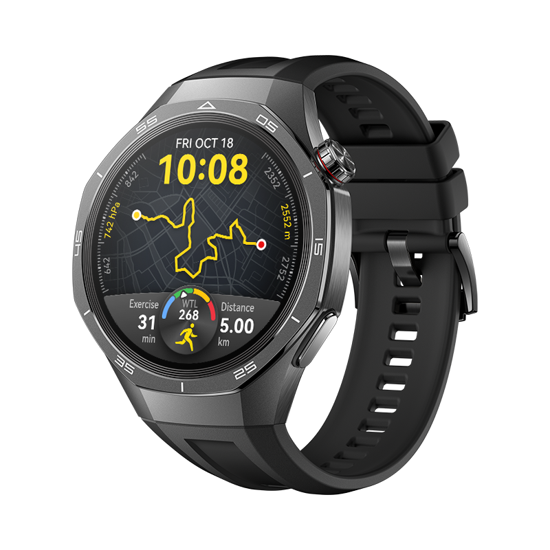 Smartwatch que muestra un mapa con datos de ejercicio. La hora mostrada es 10:08. El reloj es gris y negro.