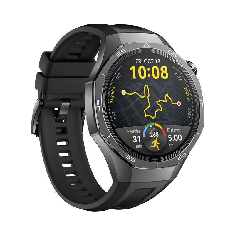 Smartwatch negra con pantalla curva, muestra datos de mapa y métricas. Correa negra, fondo oscuro.