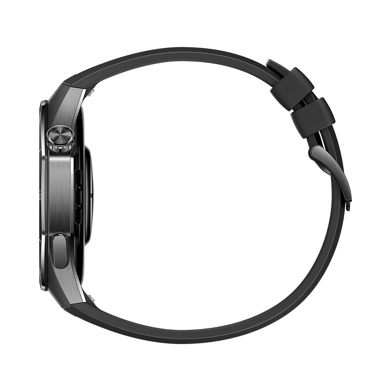 Smartwatch negra con vista lateral, mostrando la pantalla y correa negra.