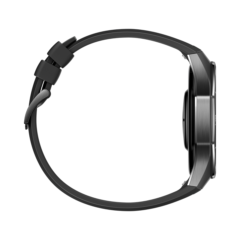 Un reloj inteligente negro con una correa negra. El reloj está sobre un fondo negro, vista lateral.