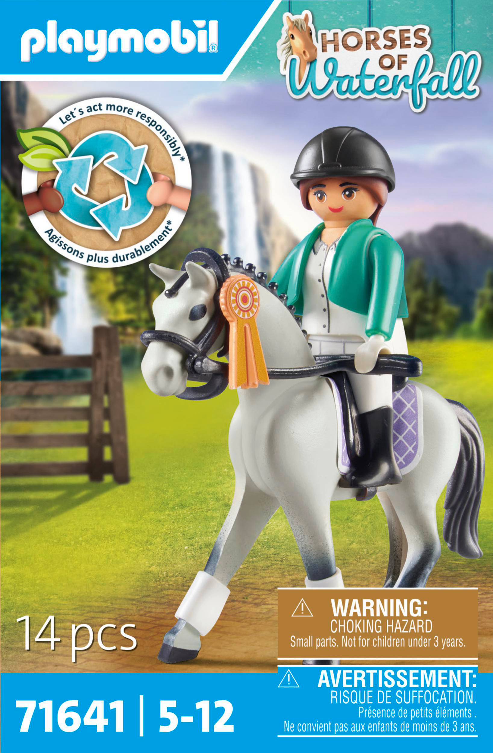 Playmobil-Spielset mit einer Person auf einem weißen Pferd mit Schleife. Grünes Gras, blauer Himmel.