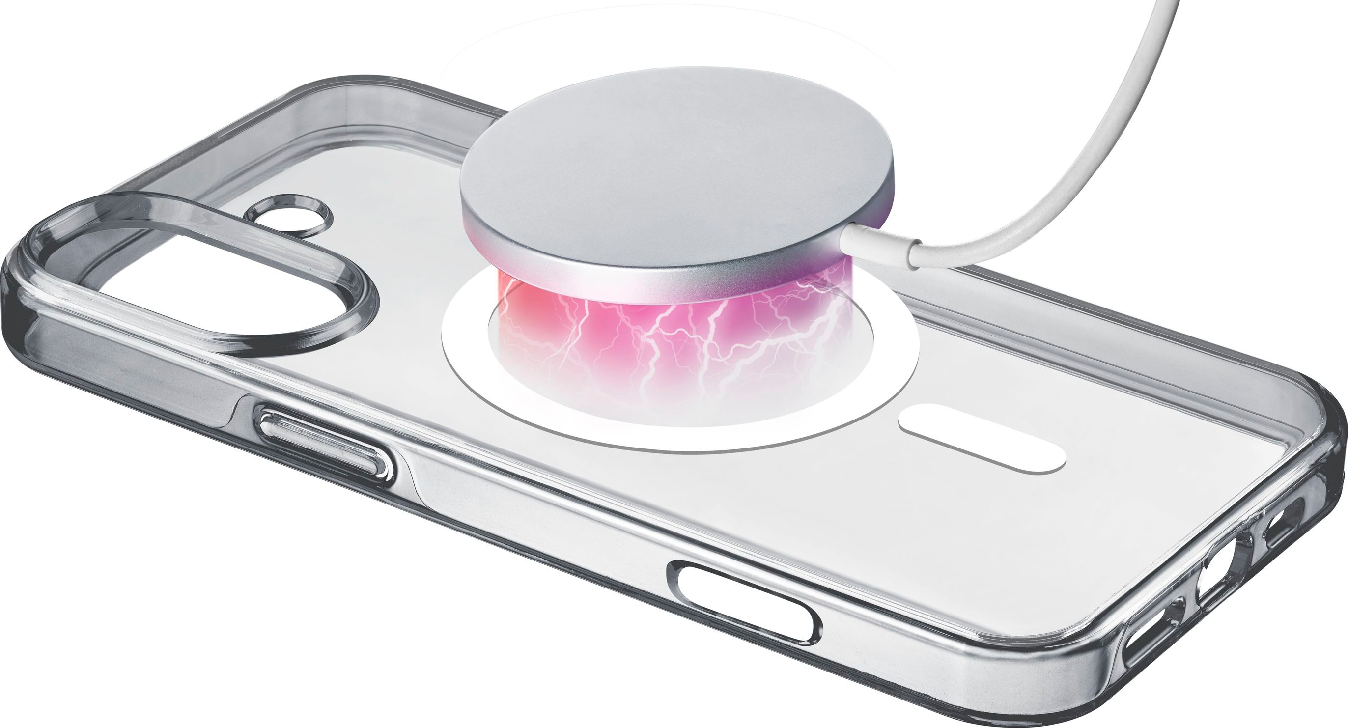 Custodia trasparente per iPhone con caricatore magnetico bianco ed effetto fulmine.