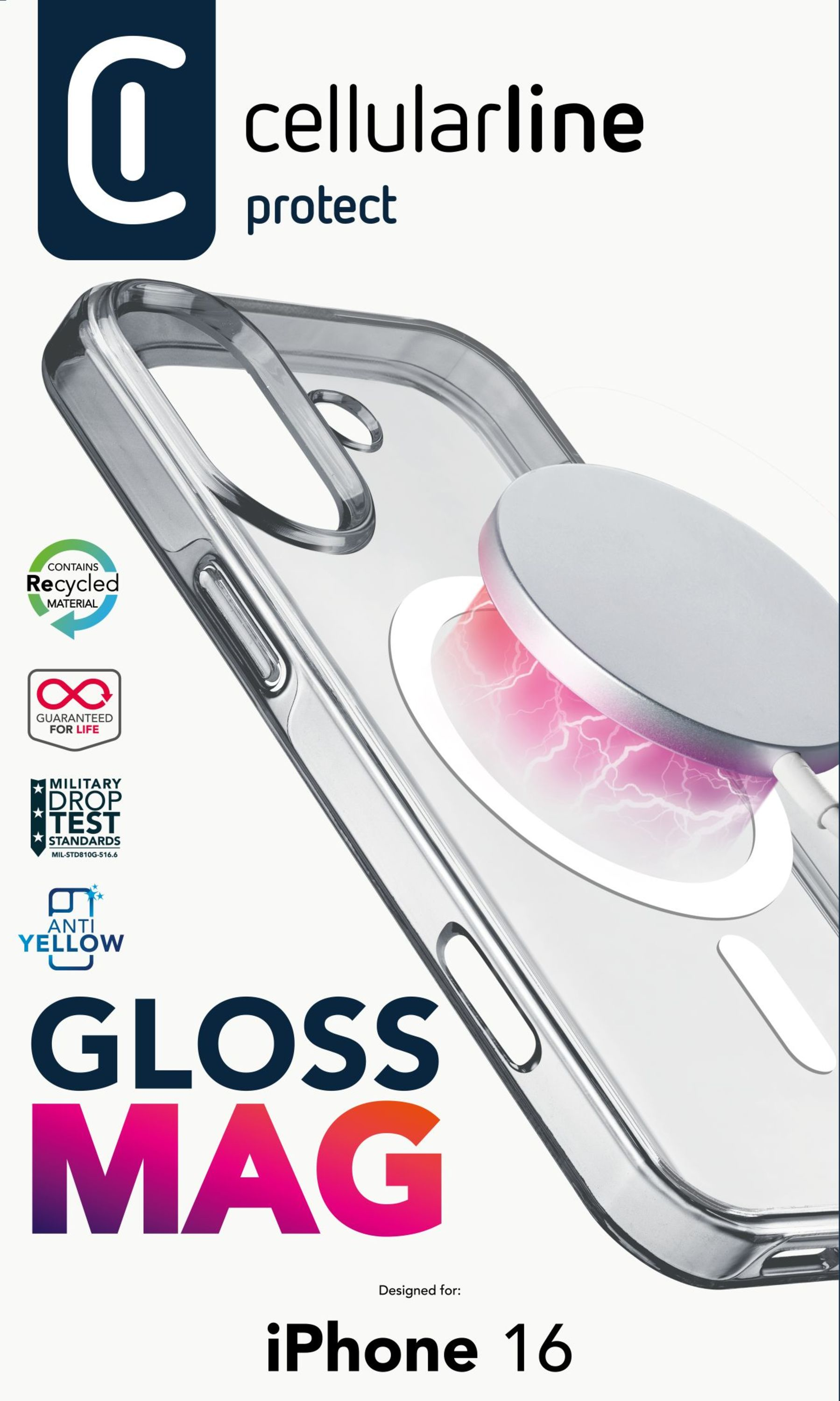 Custodia trasparente per telefono con anello magnetico e testo.